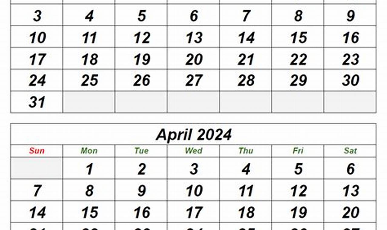 April 2024 - March 2024 Calendar