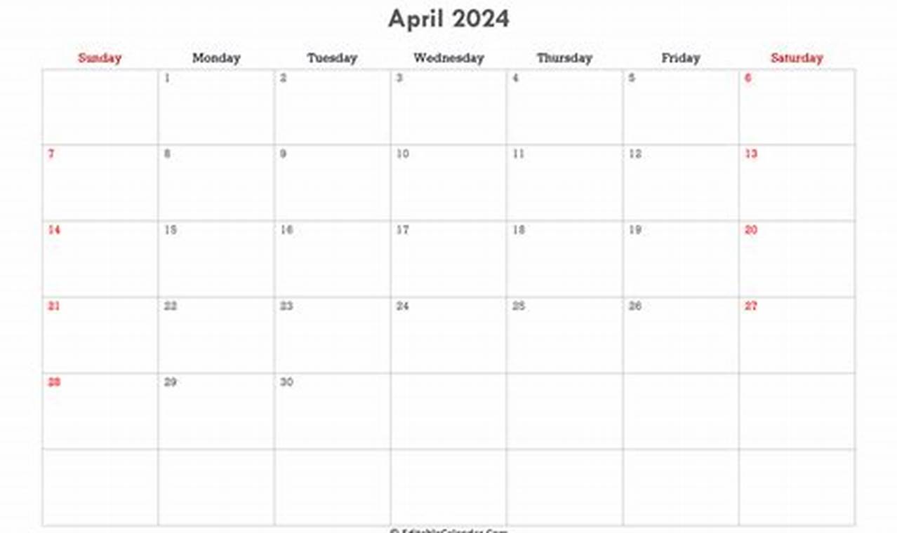 April 2024 Calendar Template Free Editable