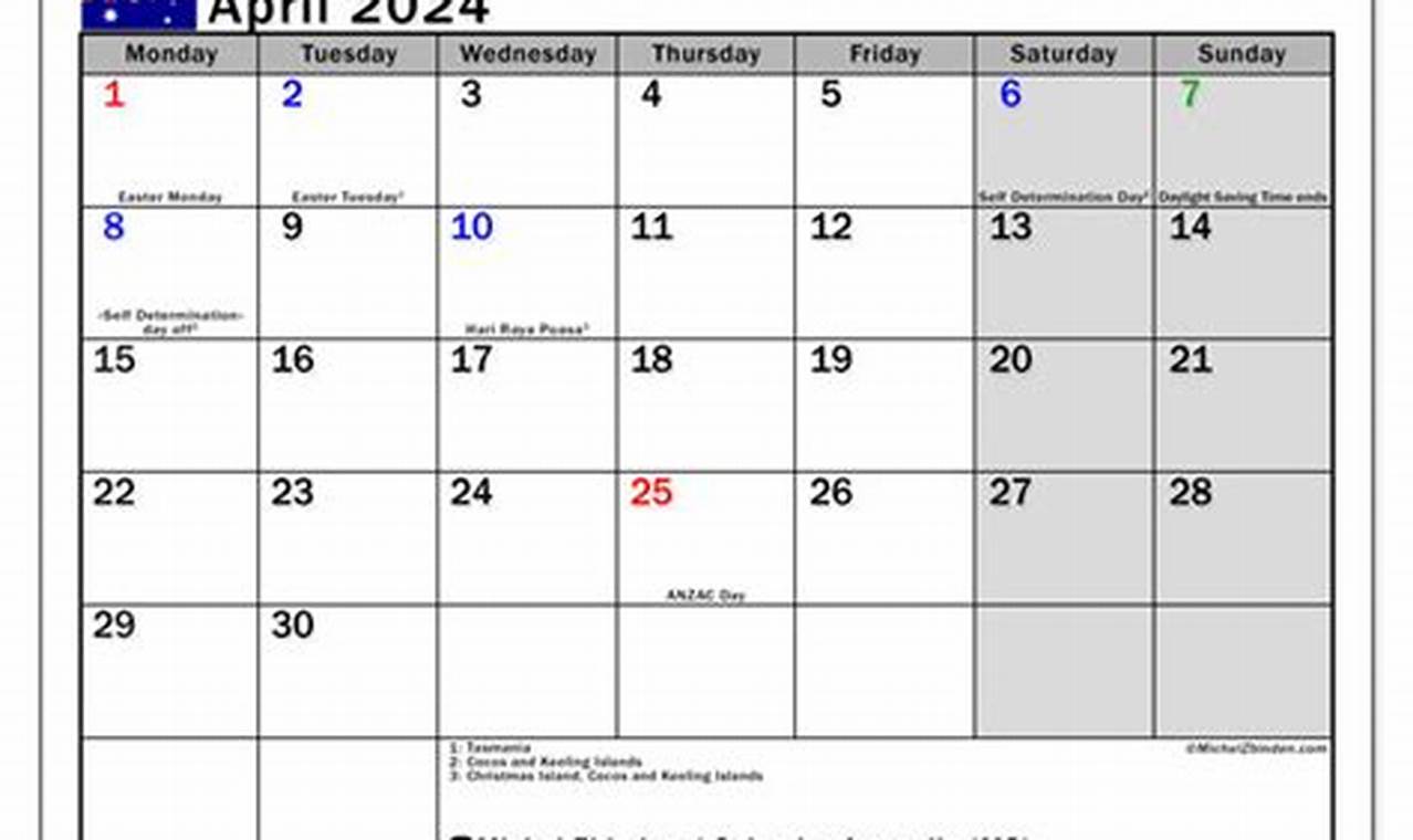 April 2024 Calendar With Holidays Australia