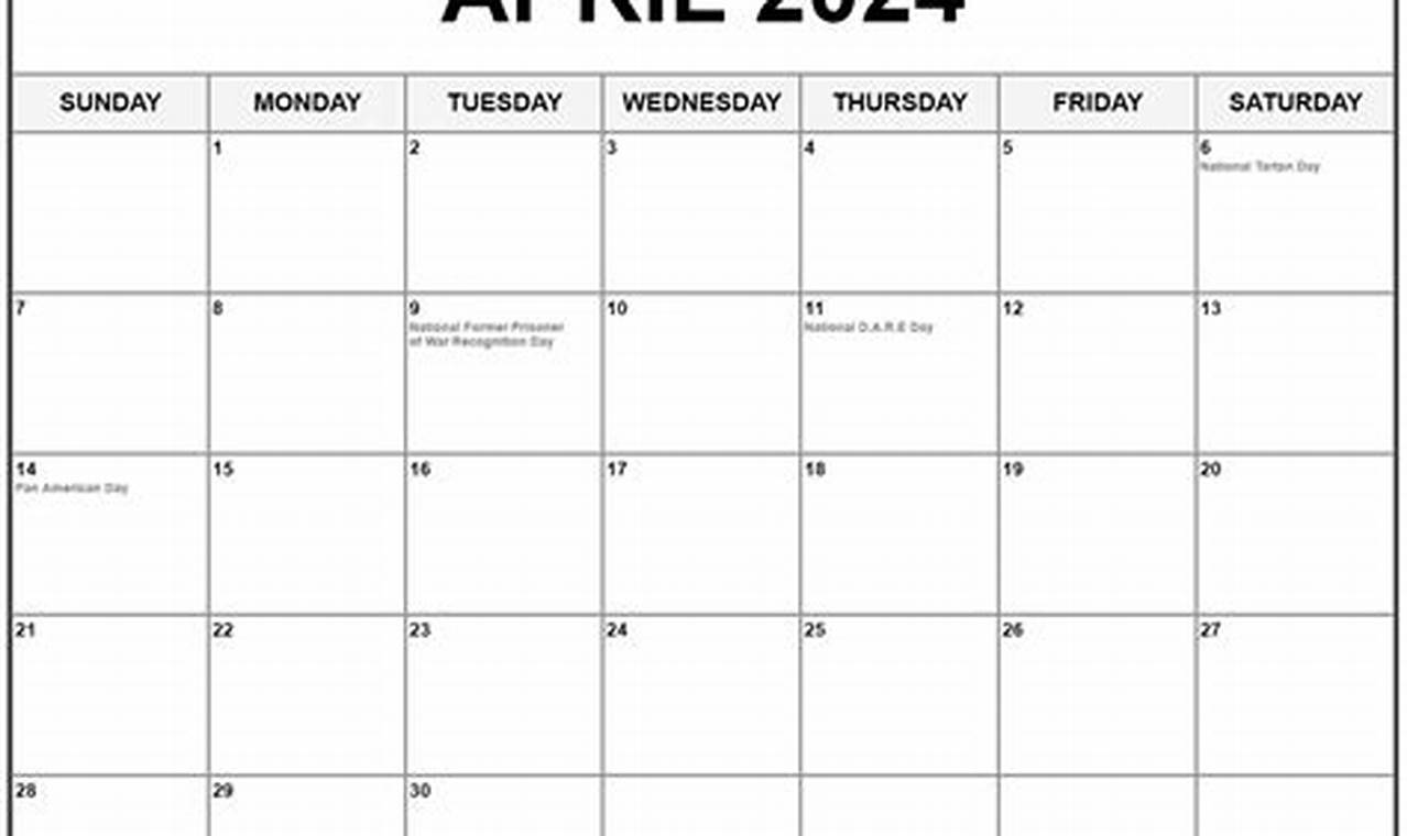 April Calendar 2024 Printable Free Download With Holidays