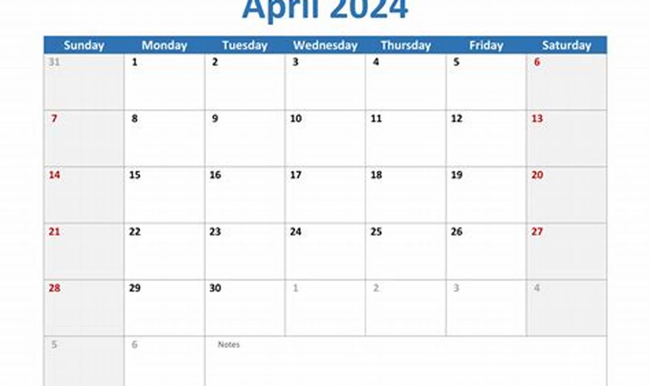 April Calendar 2024 Printable Word
