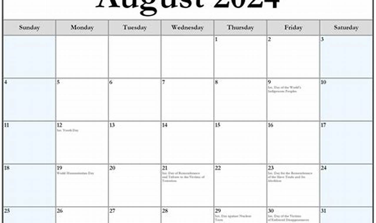 August 2024 Calendar Printable With Holidays