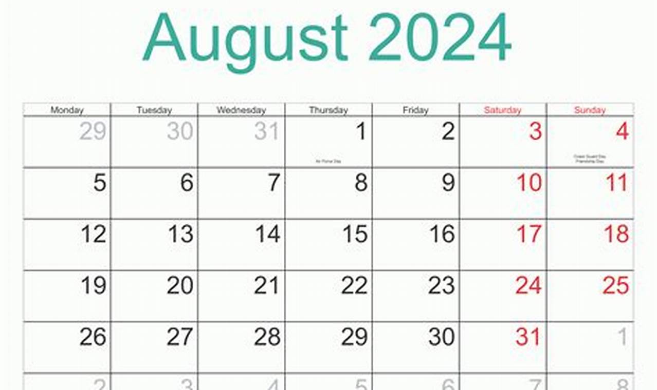 August 2024 Calendar Public Holidays