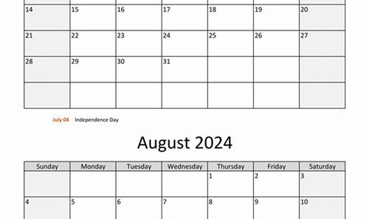 August 2024 To July 2024 Calendar Template Printable