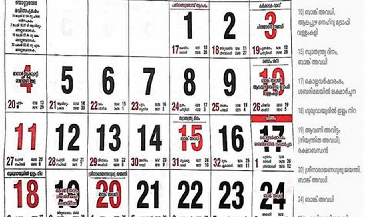 August Calendar 2024 Malayalam