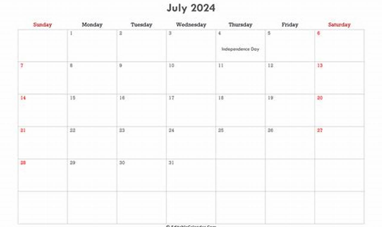 Calendar July 2024 Editable