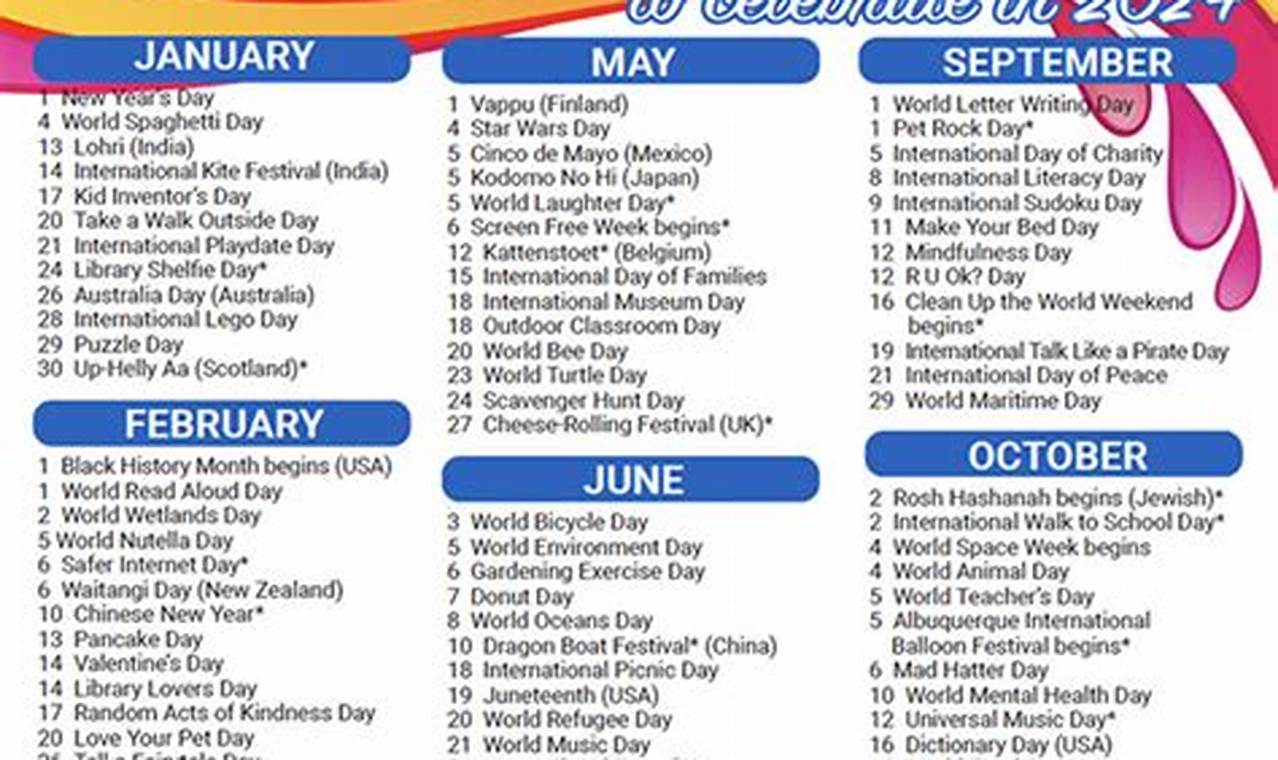 Calendar Of Daily Celebrations 2024