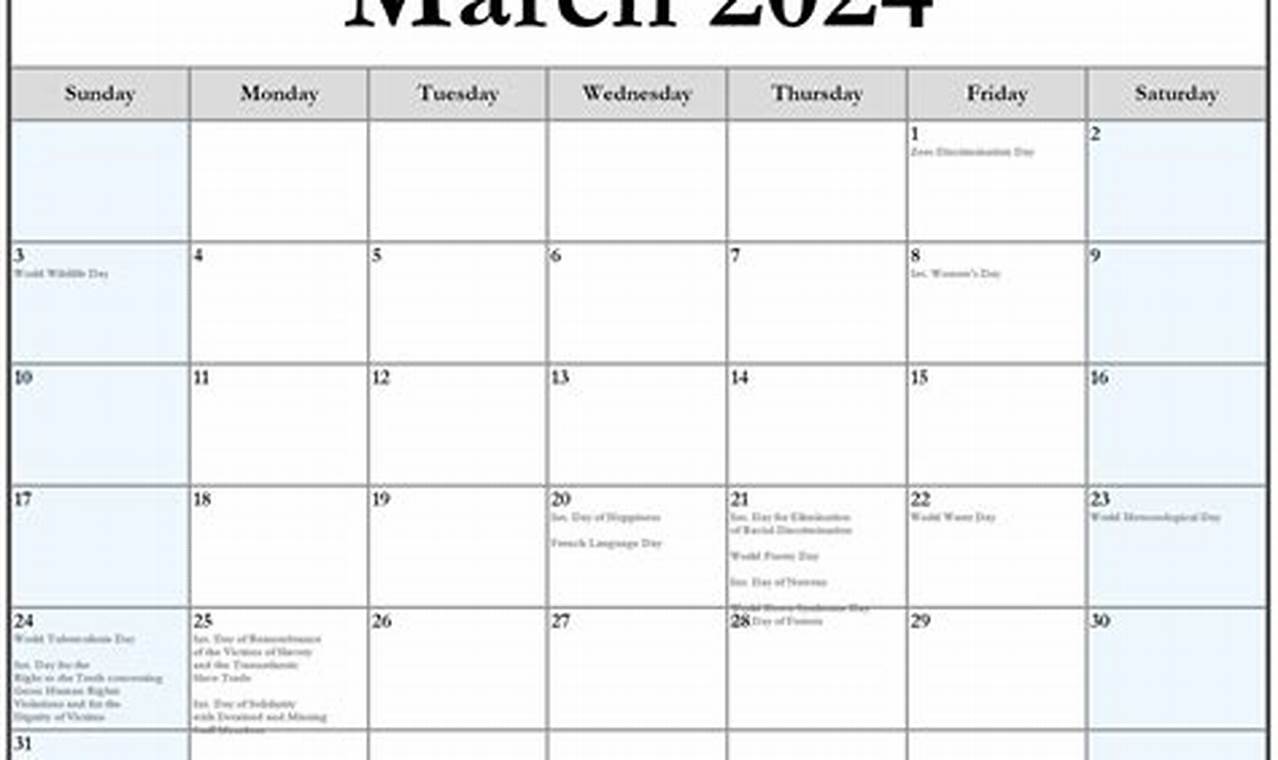 Calendar Of March 2024 With Holidays