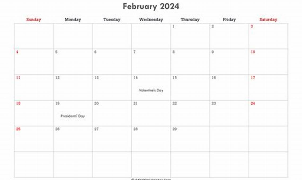 Calendar Template February 2024 Editable