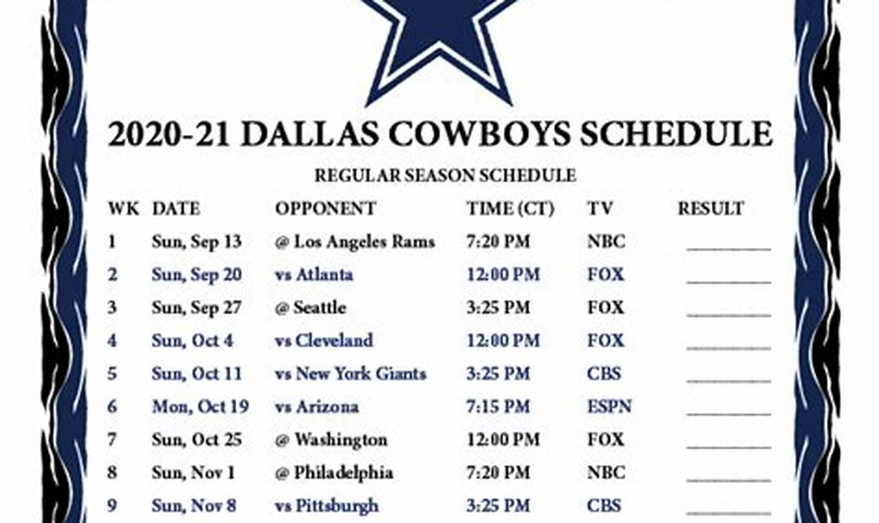 Dallas Cowboys Calendar Schedule