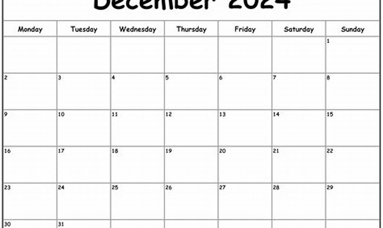 December 2024 Calendar Monday Start