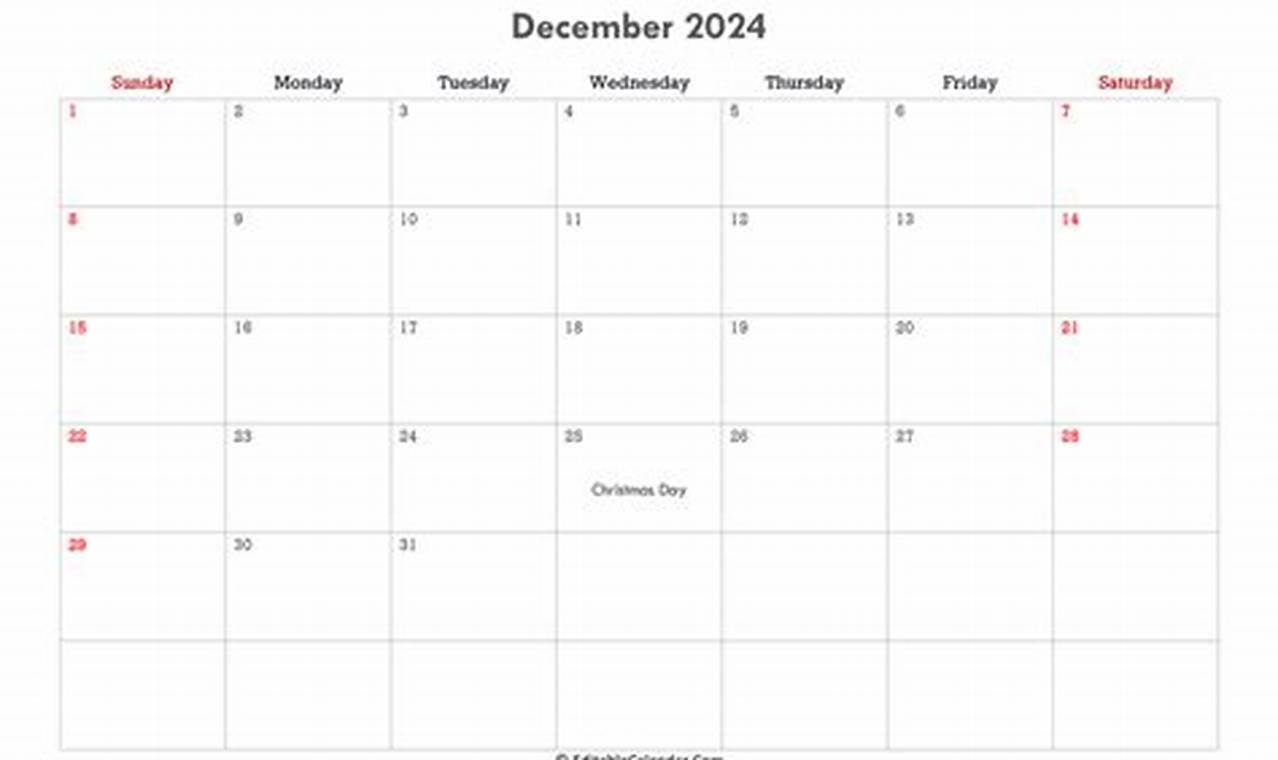 December Editable Calendar 2024