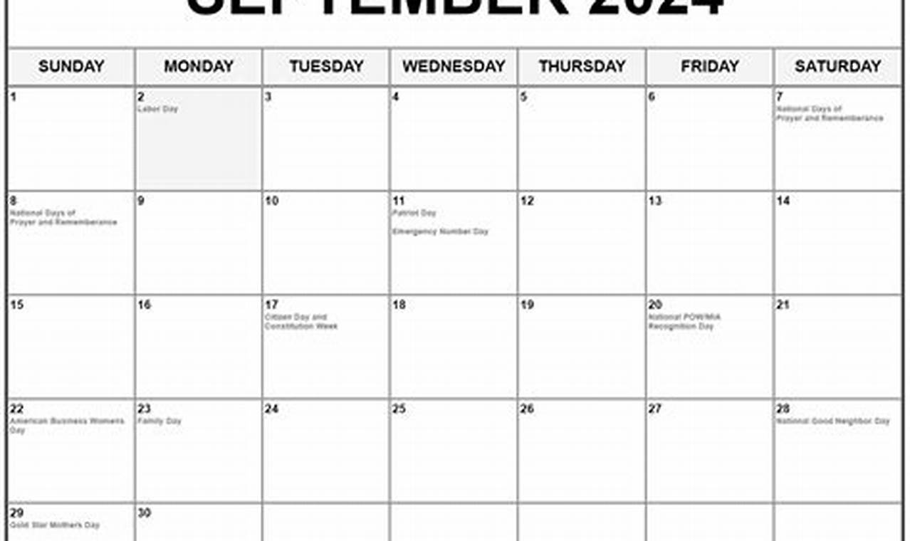 Downloadable September 2024 Calendar Weekend