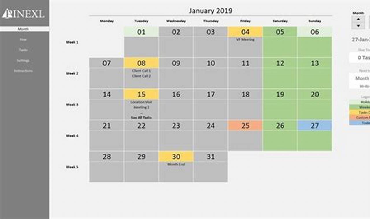 Excel Monthly Calendar With Task List