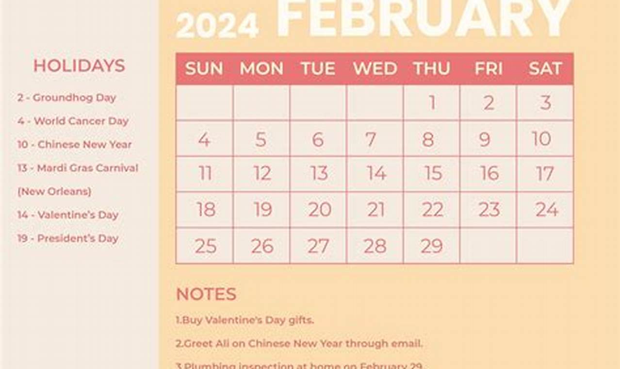 February 2024 Calendar Month With Holidays Homework