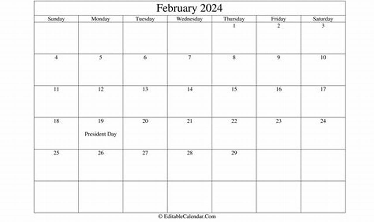 February Calendar 2024 Editable