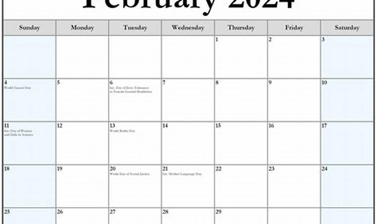 Free February 2024 Blank Calendar With Holidays Download