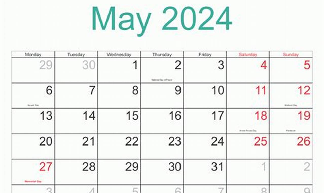 Free Printable May 2024 Calendar With Holidays Listed