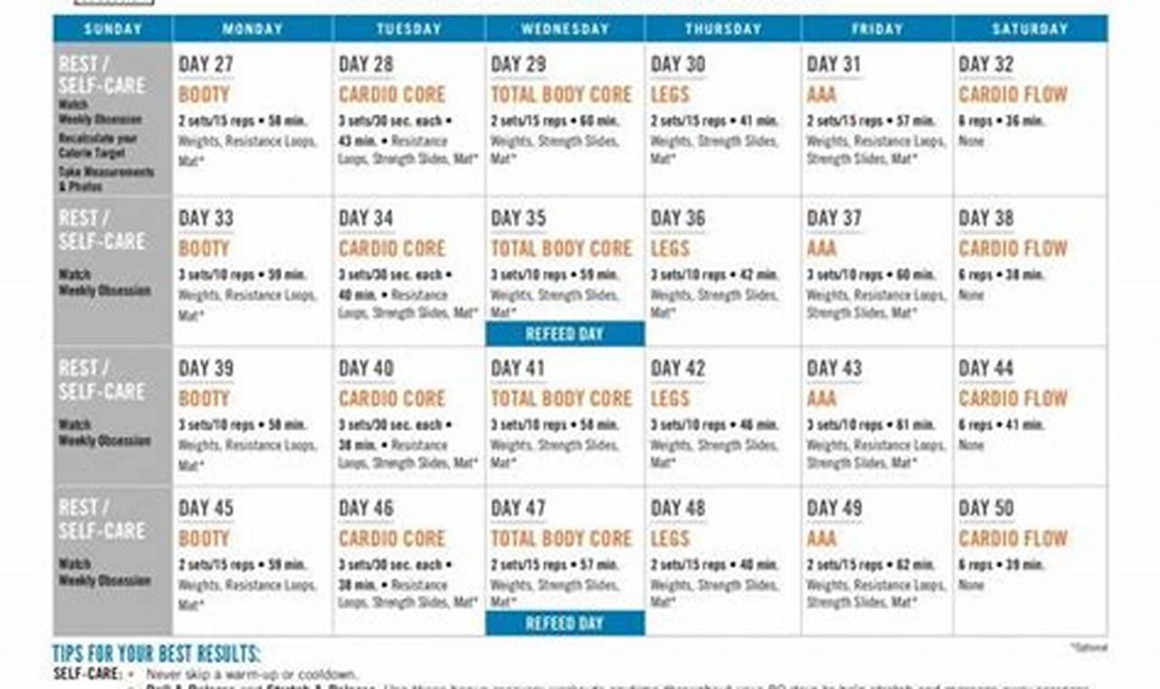Healthy Obsession Workout Calendar