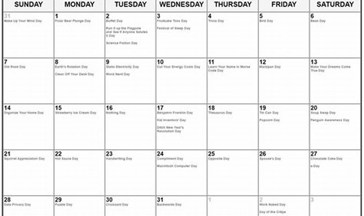 January 2024 Calendar Holidays List