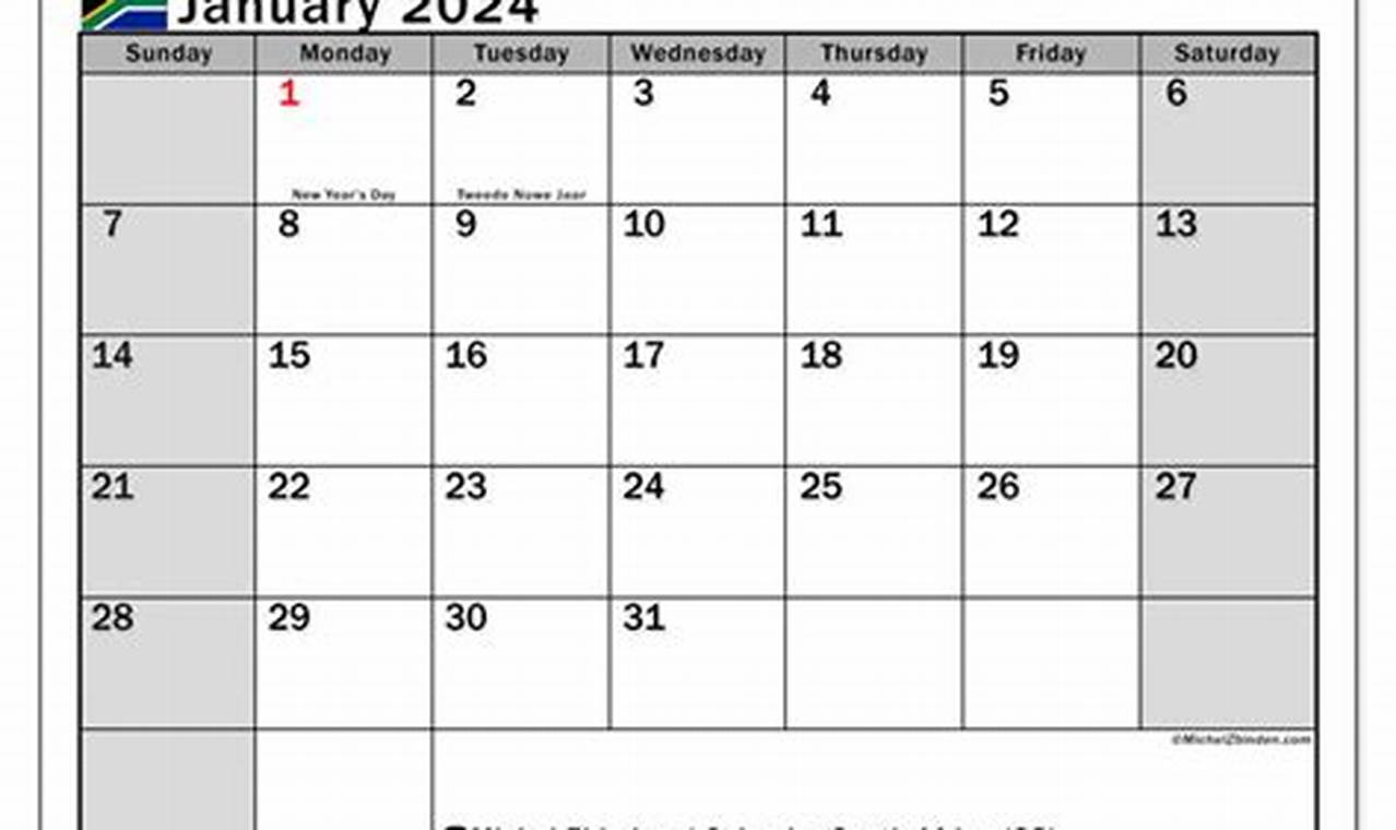 January 2024 Calendar South Africa Printable