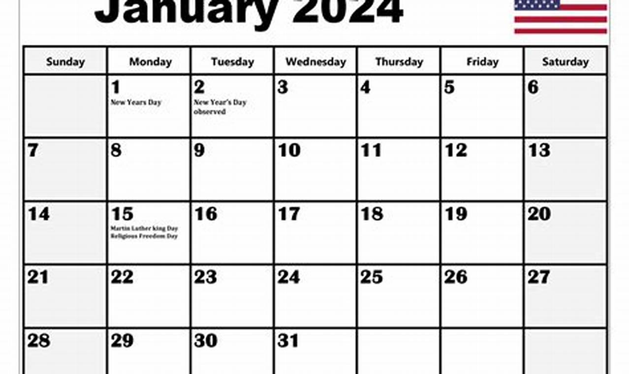 January 2024 Calendar With Holidays Usa Printable Stickers Png