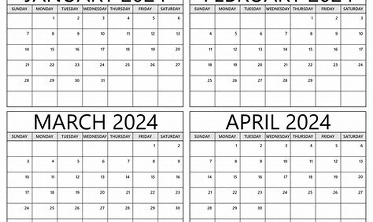 January February March April 2024 Calendar Printable