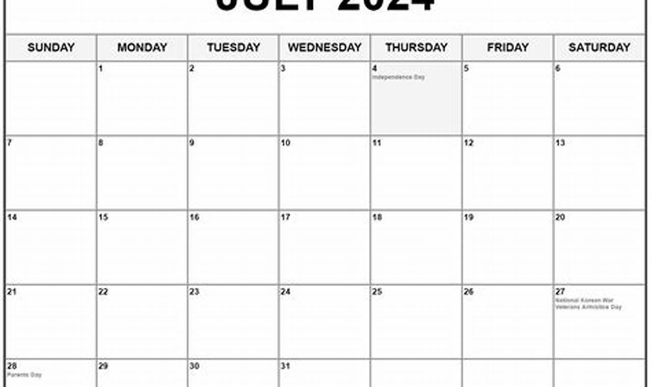 July 2024 Calendar Printable With Holidays 2024