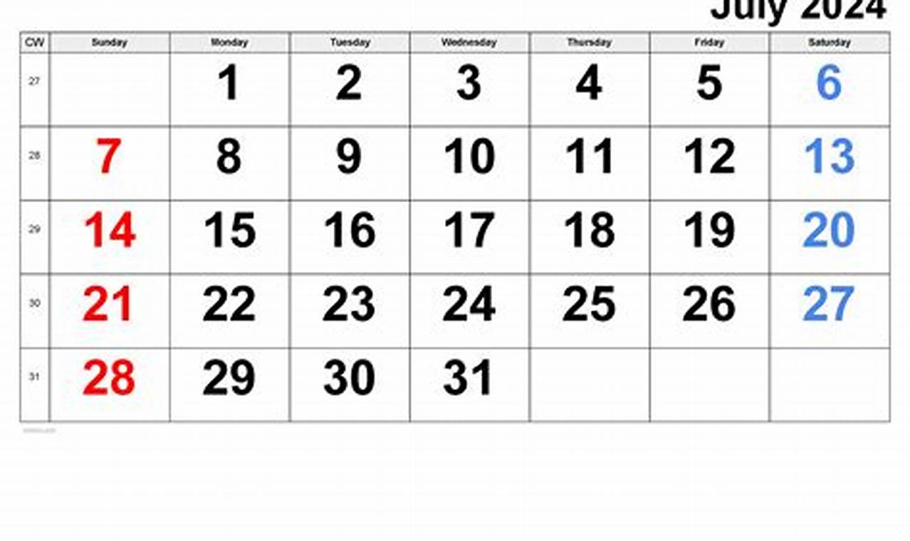 July 2024 Calendar Weekly Calendar