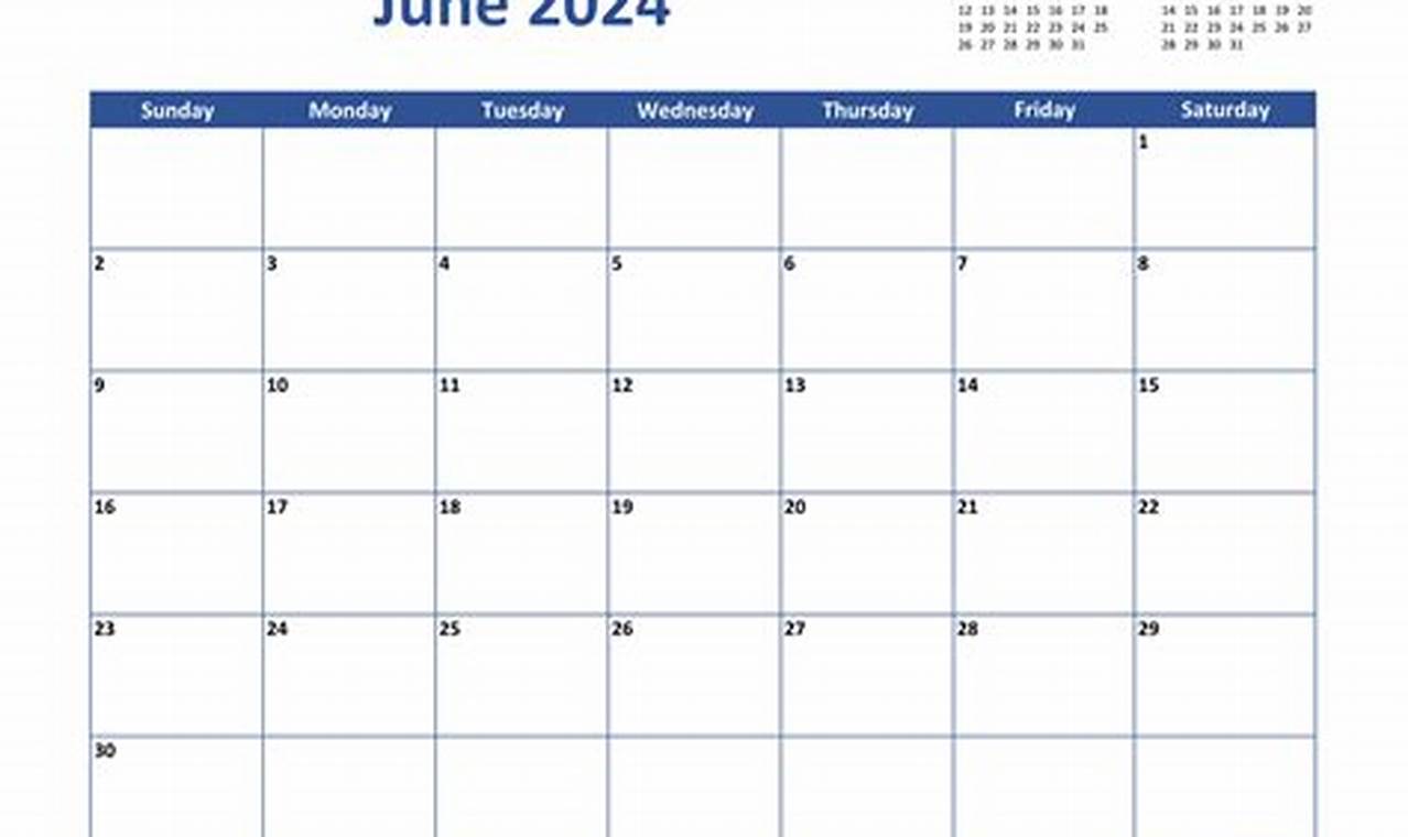 June Monthly Calendar 2024 Excel