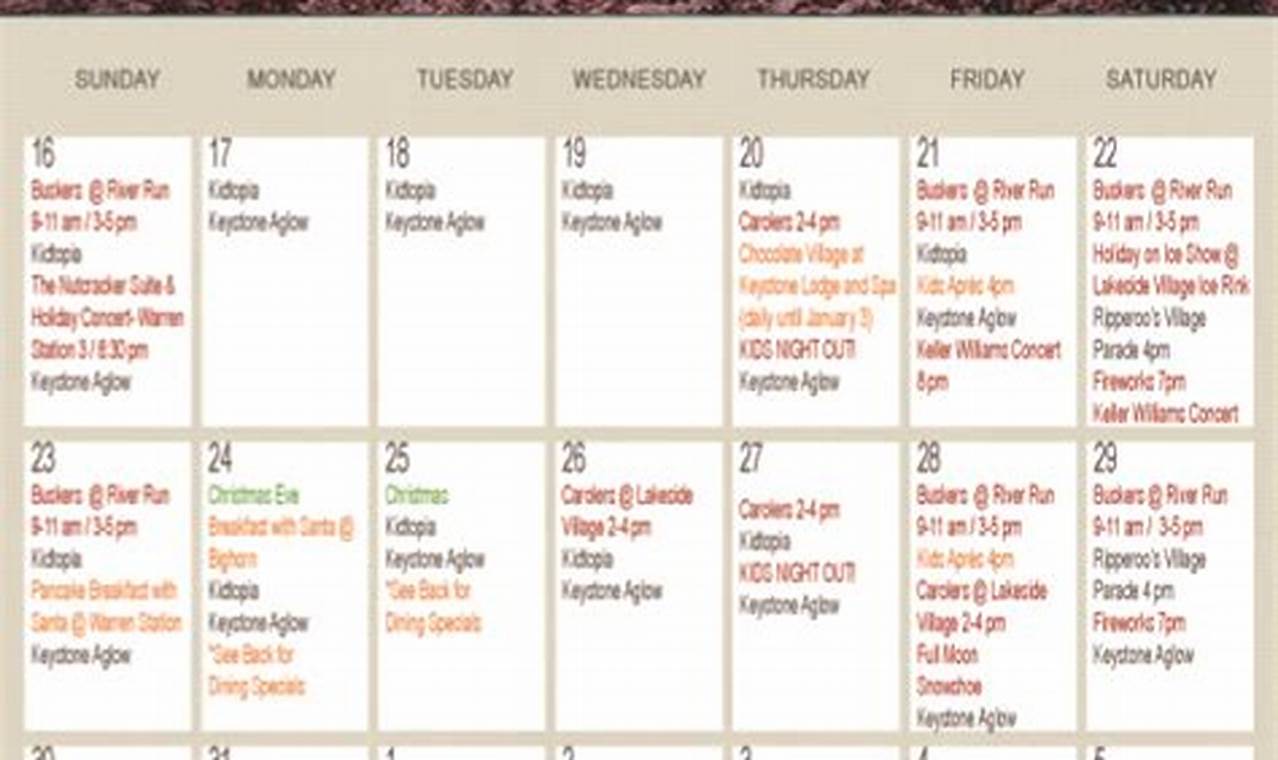 Keystone Resort Calendar