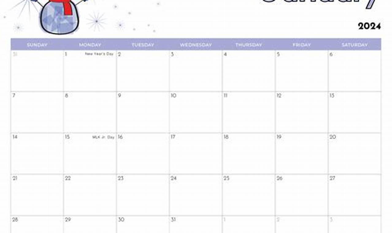 Kids Monthly Calendar January 2024
