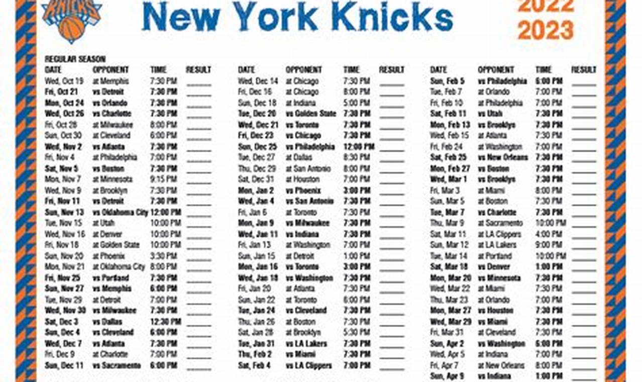 Knicks Printable Schedule 2024-23