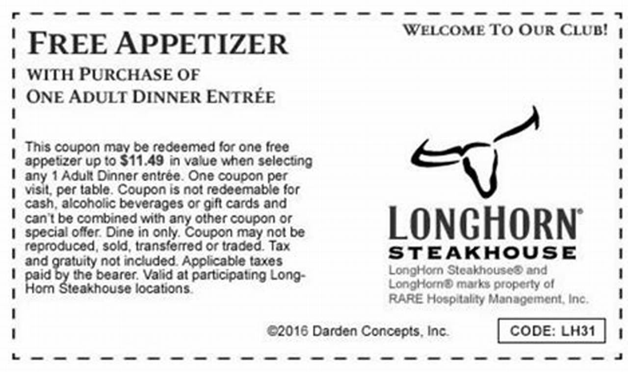 Longhorn Free Appetizer Coupon 2024