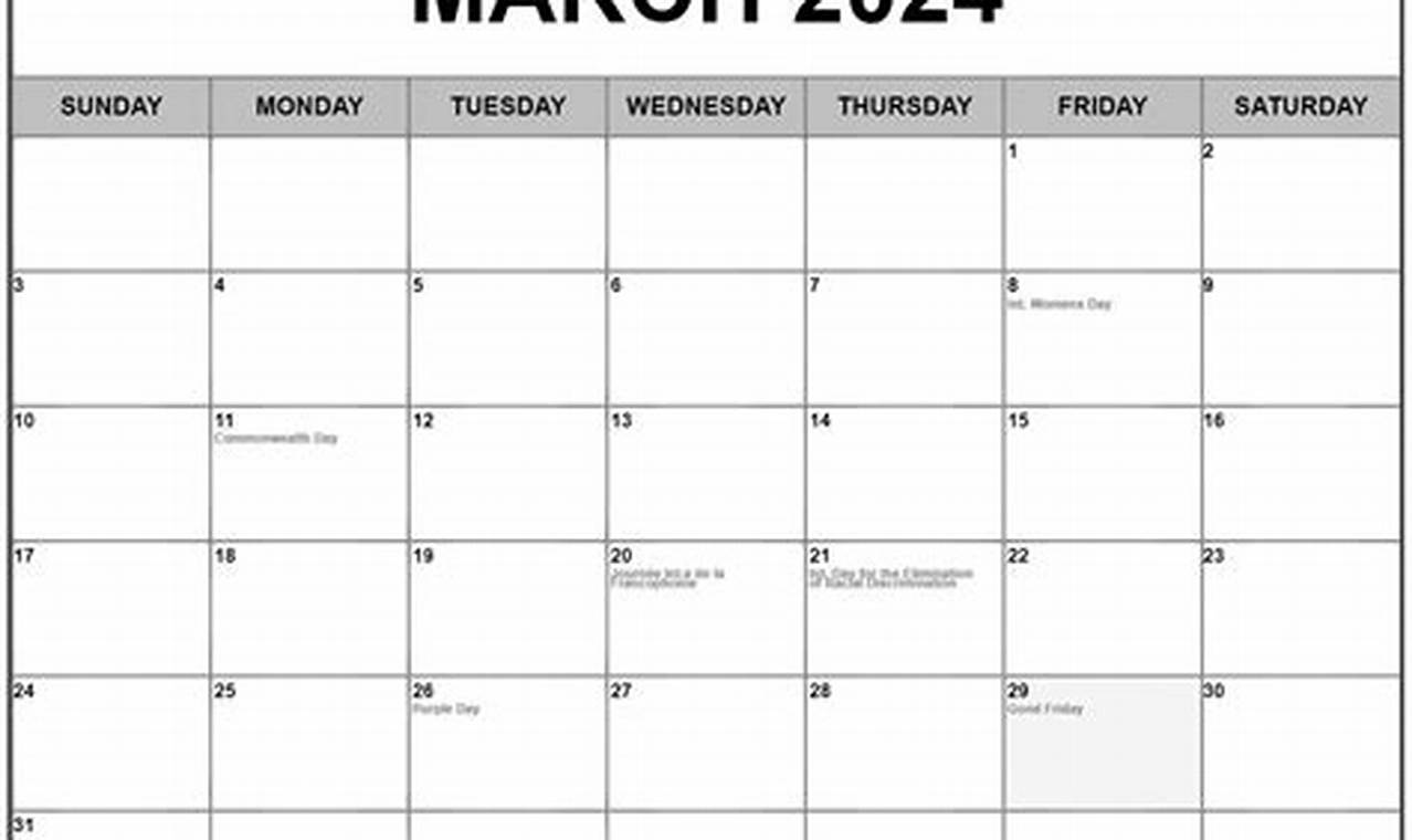 March 2024 Calendar Canada Printable Pdf