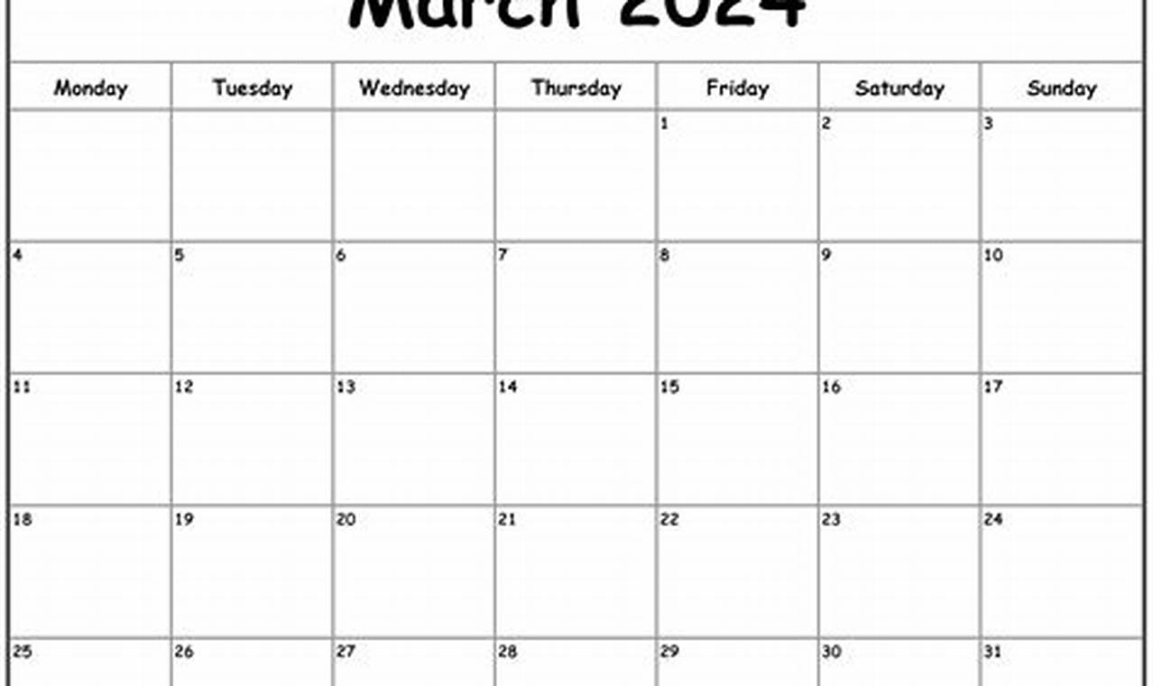 March 2024 Calendar Monday Starting