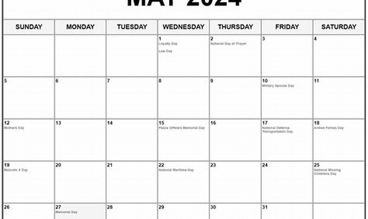 May 2024 Calendar Month Printable With Holidays