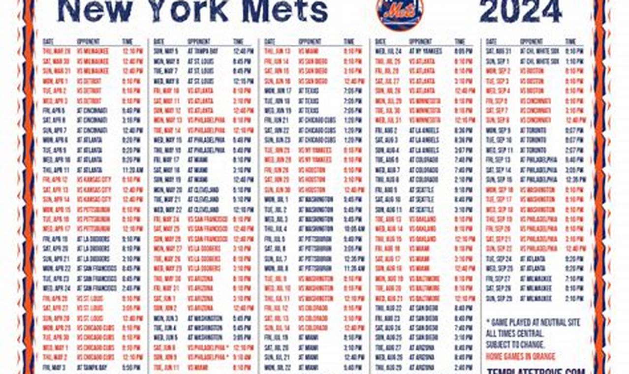 New York Mets Printable Schedule 2024