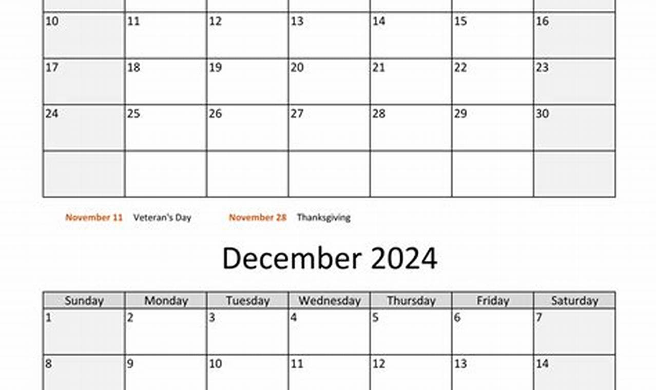 November December 2024 Calendar With Holidays Schedule