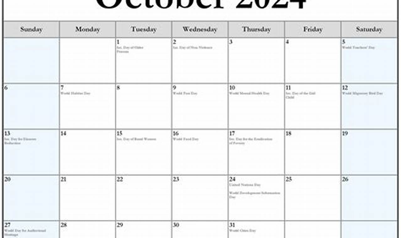 October Holidays Calendar 2024