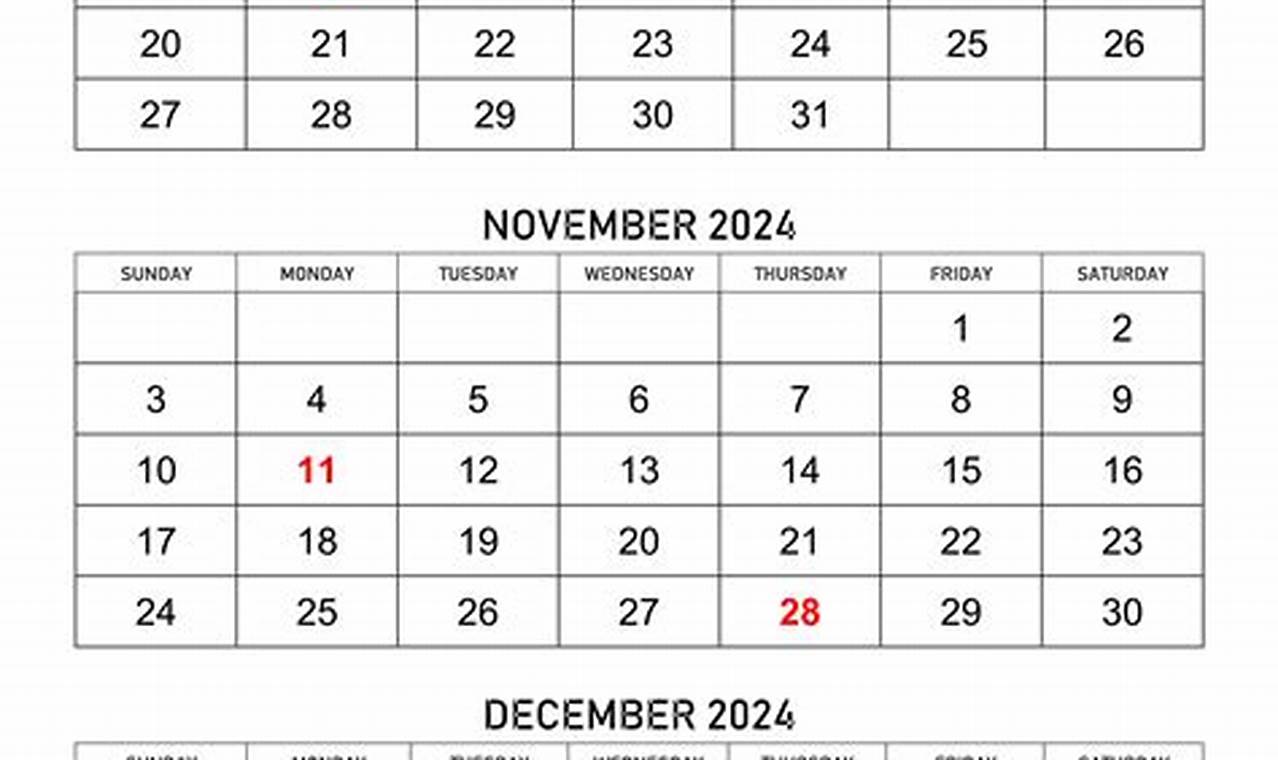 October November December 2024 Calendar Printable