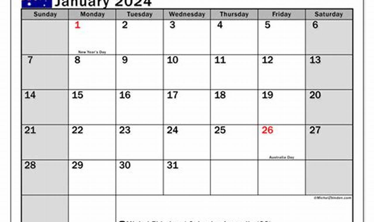 Printable Calendar January 2024 Australia Holidays