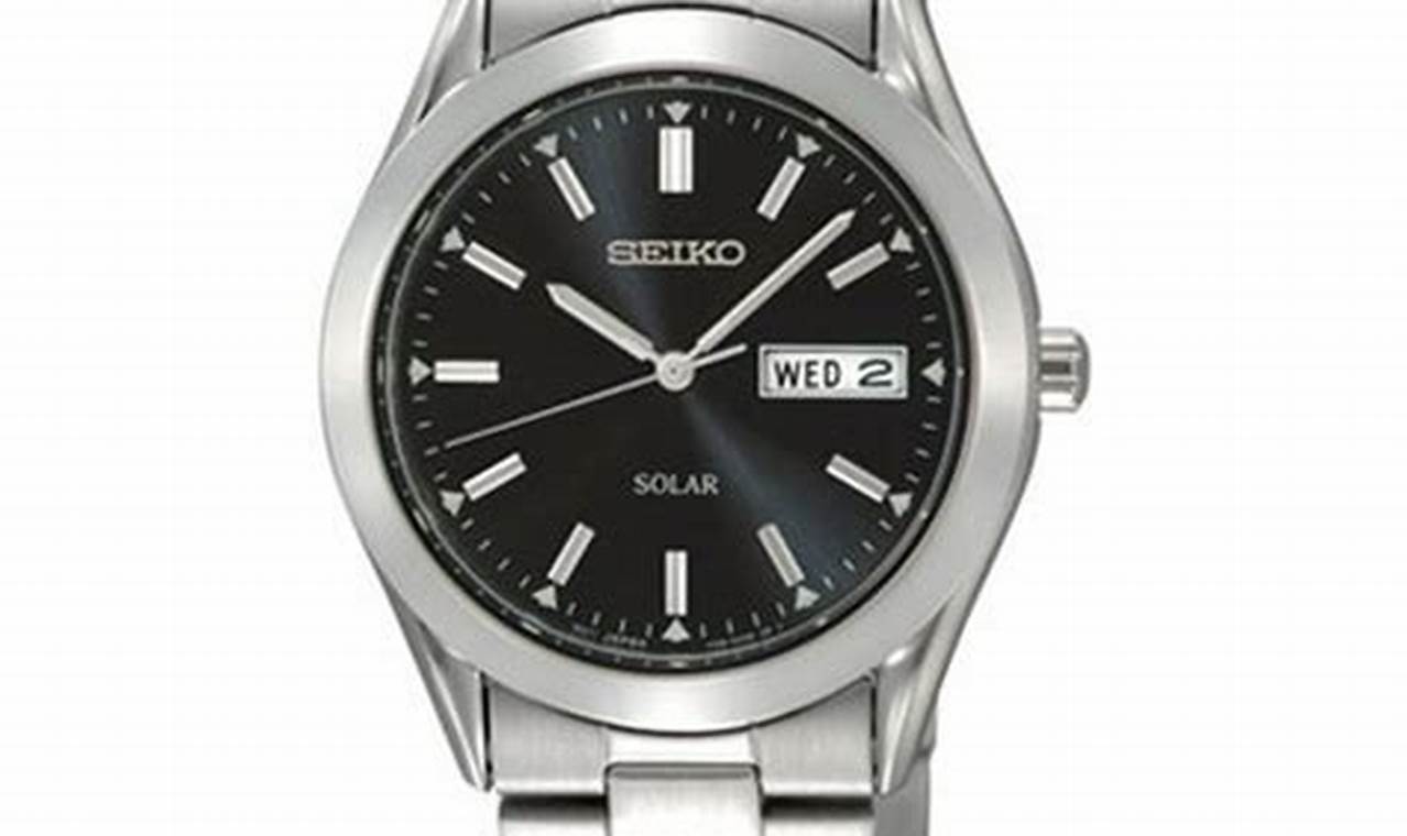 Seiko Men'S Silvertone Black Dial Solar Calendar Watch