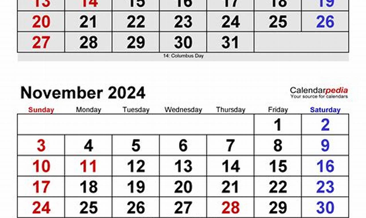 September Through November 2024 Calendar Week Calendar