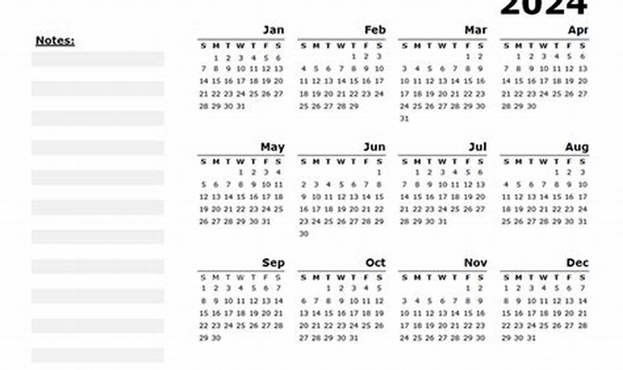 Yearly Calendar 2024 Printable Free Editable Grid