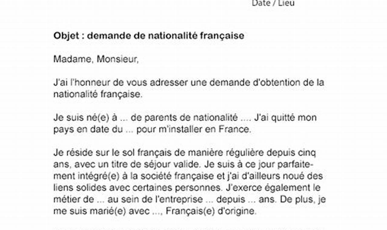 Modèle de Lettre de Demande de Nationalité Française par Filiation