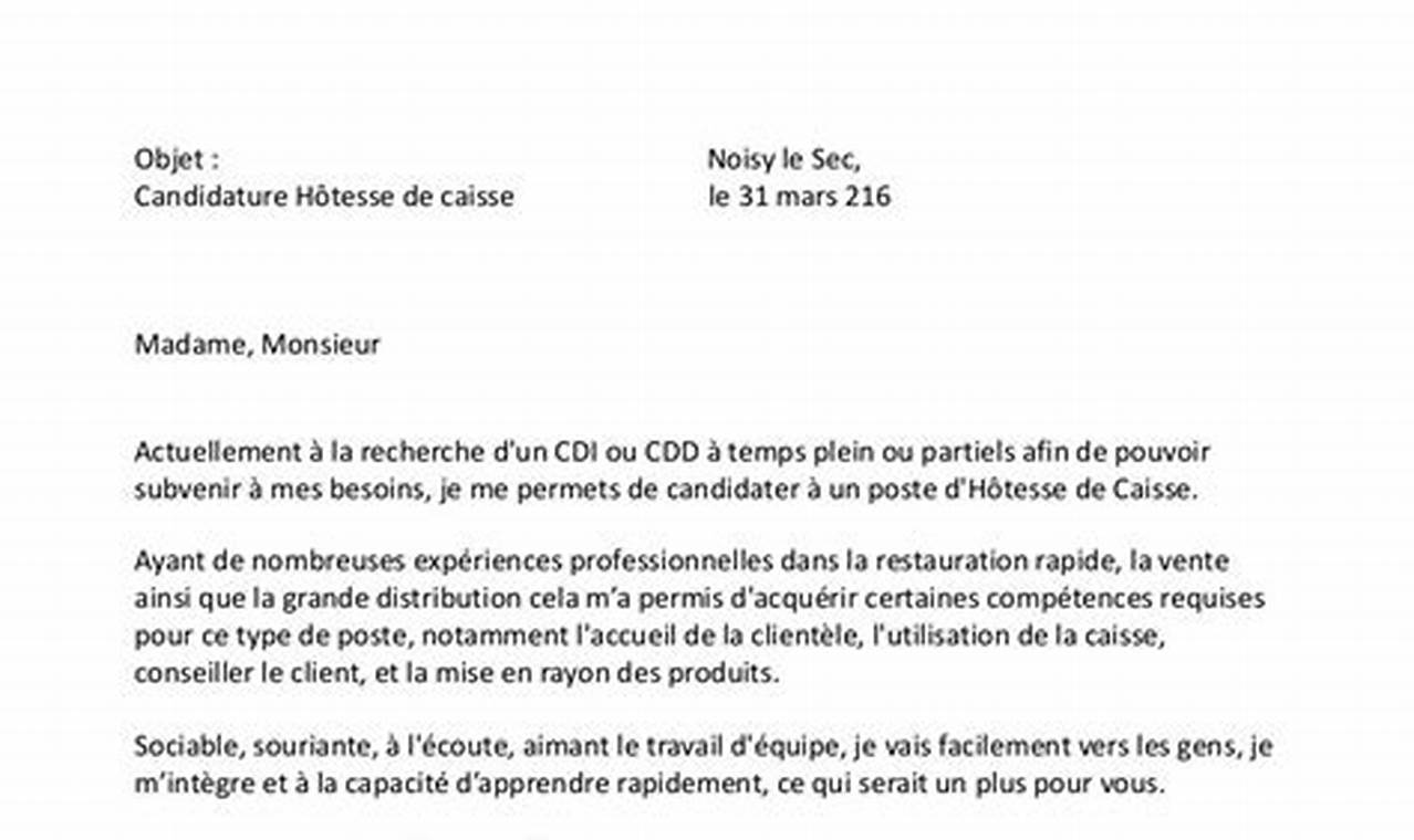 Modèle de lettre de motivation hôtesse de caisse : candidature spontanée