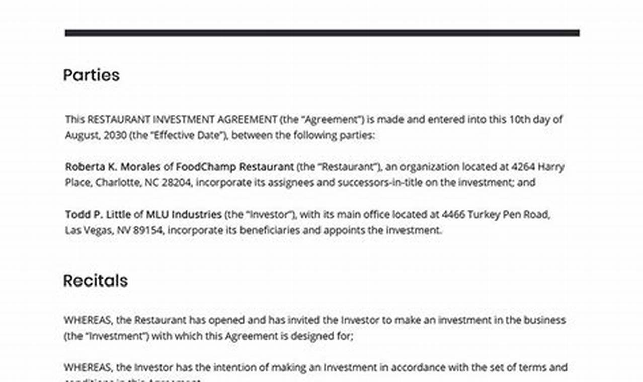 Restaurant Investor Agreement Sample