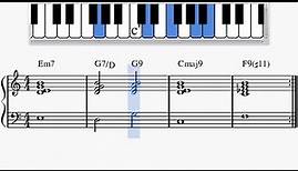 Jazz Piano 'Mellow' Chord Progression: Em7 -- G7/D - G9 - Cmaj9 -- F9(#11)