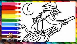 Wie man eine Hexe zeichnet 🧙‍♀️🧹 Zeichnen und Ausmalen einer Hexe mit ihrer Katze 🐈‍⬛🪄🌈